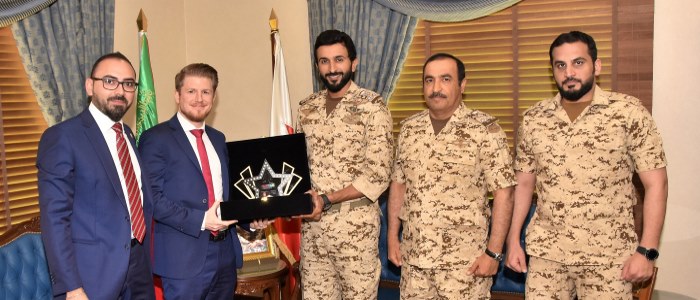 HH Brigadier General Shaikh Nasser bin Hamad Al Khalifa is presented with the MESE 2018 Trophy by Thomas Gaunt