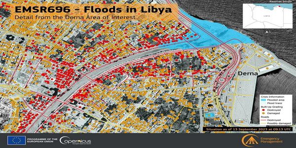 الاتحاد الاوروبي | توفير خرائط جوية بواسطة القمر الصناعي "كوبرنيكوس" لمساعدة فرق الانقاذ في ليبيا.